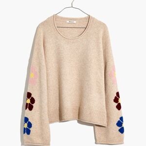 Madewell Belmore Floral-Sleeve Pullover Sweater in Coziest Textured Yarn